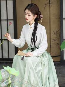 春季中国风优雅清新绿金色复古花卉中式裙子适合农历新年、日常、街头、通勤、家居等场合穿的汉服下装 - 綠色 - 查看 10