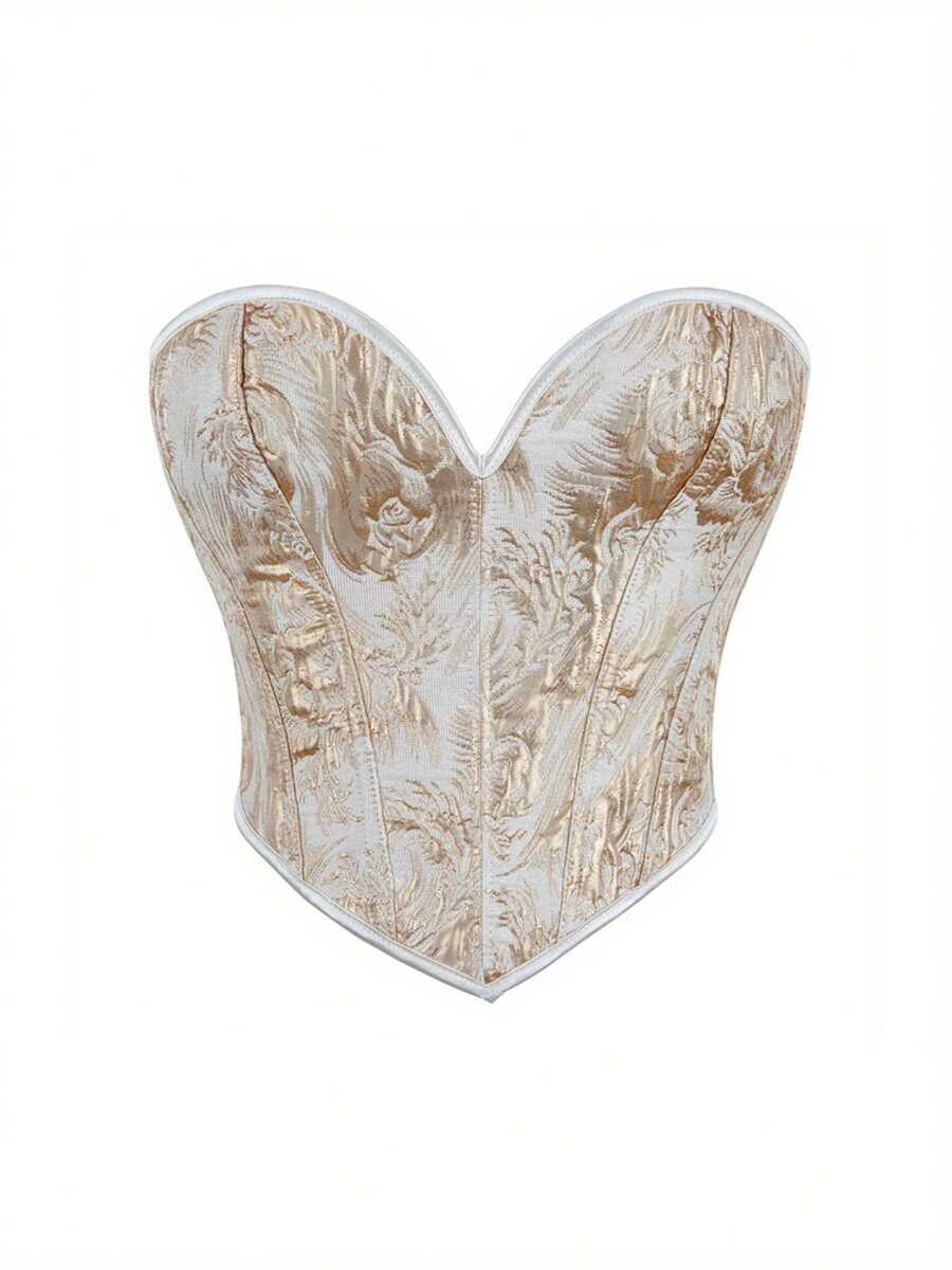 Women's Floral Jacquard Tube Tops Sleeveless Strapless Off Shoulder Bustier Tops - Gold - View 1