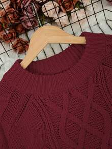 Plus Size Plus Size Casual Crew Neck Long Sleeve Knitted Pullover Sweater - Burgundy - View 7