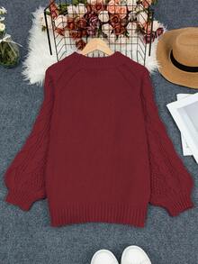 Plus Size Plus Size Casual Crew Neck Long Sleeve Knitted Pullover Sweater - Burgundy - View 5