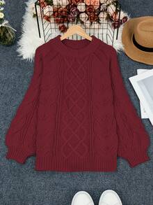 Plus Size Plus Size Casual Crew Neck Long Sleeve Knitted Pullover Sweater - Burgundy - View 4