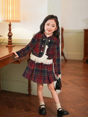 2 件套女童格子双排扣花朵撞色荷叶边下摆夹克和 A 字裙套装，秋冬