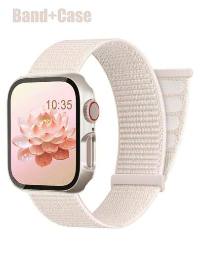 Compatible con la correa del Estuche para hombres y mujeres Moda deportiva Correa de nailon suave y transpirable con autoadhesivo Película protectora integrada de PC con textura mate y vidrio templado antiarañazos y anticaídas Compatible con Apple Watch 40/41/42/44/45/46/49mm Correa de repuesto Estuche compatible con Apple Watch Series Ultra/11/10/9/8/7/6/5/4/Se Estuche de correa lavable Estuche sensible al tacto