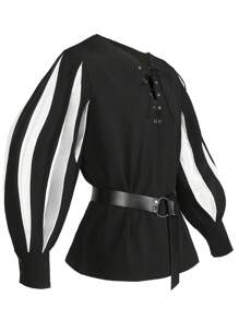 (avec ceinture) Chemise blouse de style vintage médiéval à lacets et blocs de couleurs pour représentation sur scène