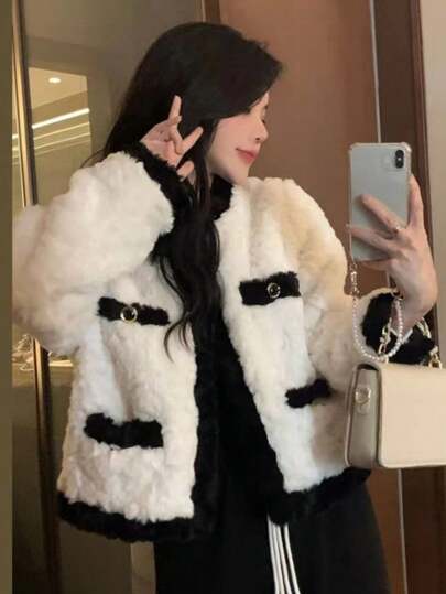 加厚仿兔毛外套女韩版蓬蓬厚棉开衫短款外套2025秋冬新款