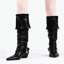 Botas vaqueras de media caña con flecos y tacón grueso con borlas para mujer - Negro - Ver 5