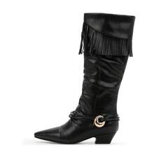 Botas vaqueras de media caña con flecos y tacón grueso con borlas para mujer - Negro - Ver 2