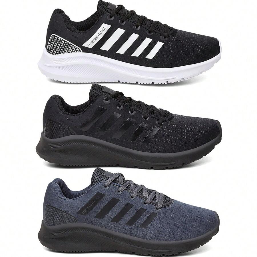 Kit 3 Men's Under Light Tennis Shoes For The Gym Super Soft Running Walking Sports Training Comfortable - 黑色 藍色 白色 - 查看 1