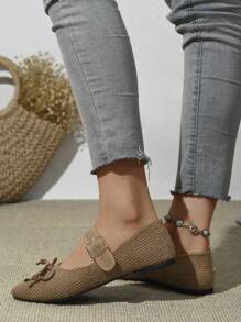 女士时尚新款户外蝴蝶结金属扣低帮时尚玛丽珍压花轻质尖头一脚蹬平底鞋 - 棕色 - 查看 6