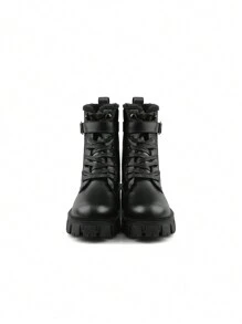 Thick Sole Lace Up Ankle Boots Work Boots - Black - View 1