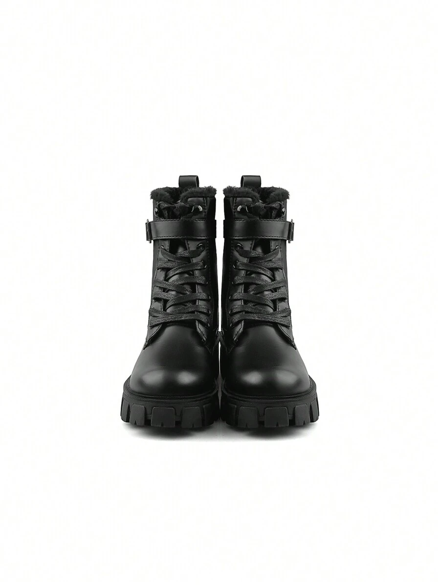 Thick Sole Lace Up Ankle Boots Work Boots - Black - View 1