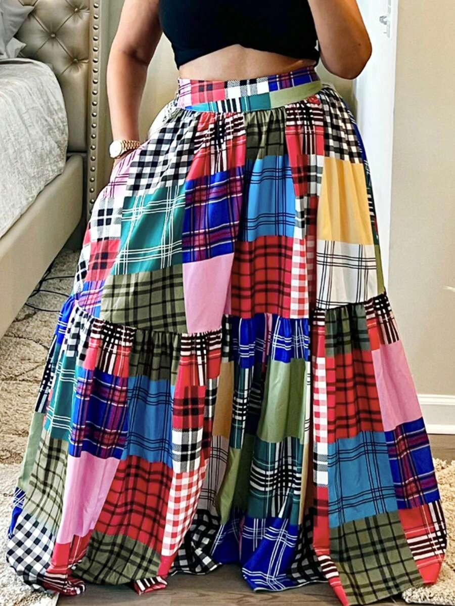 Holiday Chic Bohemian Plaid Print Patchwork Elastic Waist Waist Side Pocket Skirt.