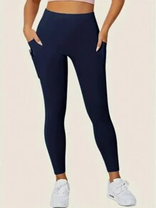 High Waist Yoga Pants With 4 Side Pockets, Tummy Control Workout Running Yoga Leggings For Women - Navy Blue - View 2