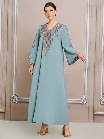 大码女式 3D 刺绣优雅长裙、阿巴亚、卡夫坦、特殊场合、浅蓝色、中东风格、彩色绳刺绣、现货 BC4602