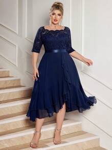 Plus Boat Neck Floral Lace Contrast Chiffon Ruffle Hem Cocktail Party Swing Dress - Navy Blue - View 4