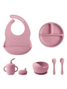 Conjunto de vajilla personalizada para bebé de 6 piezas en silicona, incluye baberos impermeables, plato portátil, cubiertos blandos, bol con ventosa, taza con tapa a prueba de fugas. Multiusos, ornamental, con letras, elegante, moderno, colorido, kawaii, adorable, lindo, casual, personalizado, único, personalizado, niño, niña