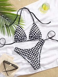 女士时尚性感棋盘格印花两件套比基尼套装，适合夏季海滩度假 - 黑與白 - 查看 4