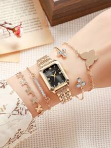 5 件/套桶形钢带手表套装，配水钻蝴蝶手链，精美包装，情人节、母亲节礼物 - 黑色 - 查看 4