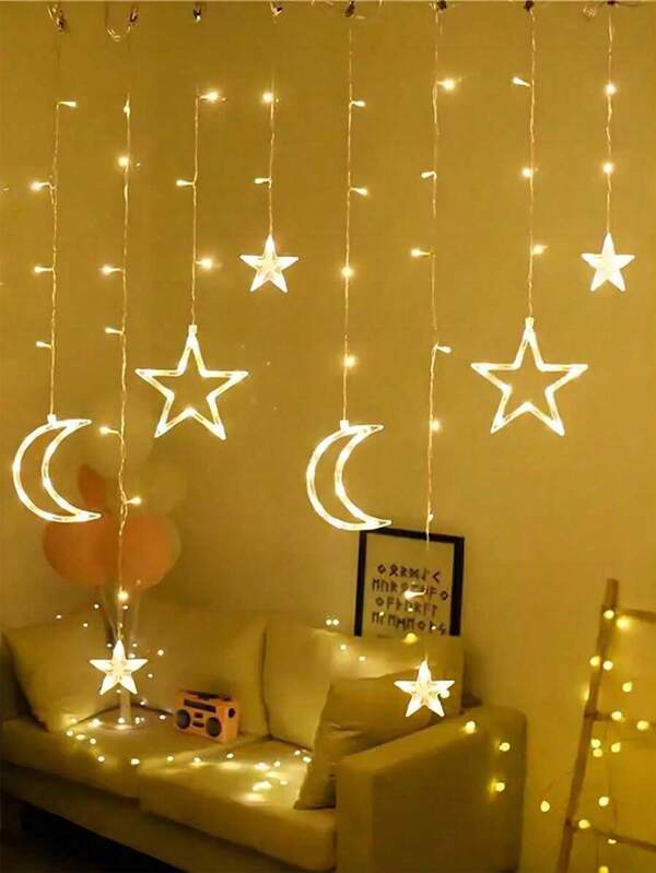 1PC Holiday Star Moon LED Ambiance Light, USB & Battery Powered (Batteries Not Included), Waterproof Window Curtain Balcony Light For Indoor Outdoor Courtyard Wedding Parties Dinner Camping Valentine's Day Decoration Ambiance Light (Color/Warm Light)