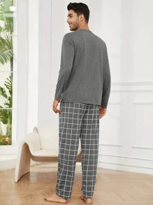 2 pièces Ensemble de pyjama à carreaux gris foncé confortable pour hommes - Top à col ras du cou à manches longues et pantalon, mélange de polyester, vêtement d'intérieur pour hommes toute saison