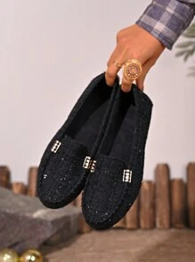 Women's Classic Black Slip-On Loafers, Fashion Versatile Flat Shoes, Spring/Autumn