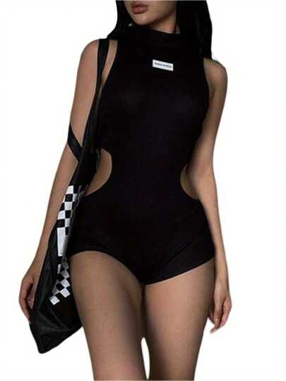 Women's Mock Neck Bodycon Rompers, Sleeveless Letter Embroidery Cutout Jumpsuit Shorts