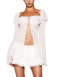 Women Split Tie Front Tops See Through Frill Trim Square Neck Long Puff Sleeve Mesh Shirts - White - View 1