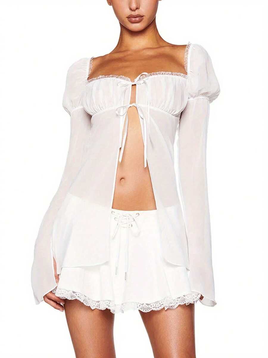 Women Split Tie Front Tops See Through Frill Trim Square Neck Long Puff Sleeve Mesh Shirts - White - View 1