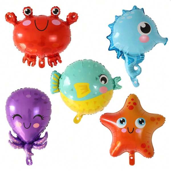 1pc/5pcs Cartoon Aluminum Foil Balloons With Sea Animals, Crab, Seahorse, Octopus, Puffer Fish Decorations, Reusable Party Toys