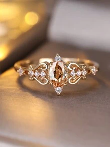 قطعة واحدة من الخواتم الاصطناعية الفاخرة باللون الأصفر الذهبي على شكل بيضاوي بلون الشمبانيا ذو فراغات من الزركونيا، خاتم خطوبة للاستخدام اليومي