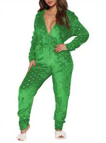 Women Christmas Home Jumpsuit, Star/Stripe Hooded Long Sleeves Zip-Up Fleece Pajamas For Night Sleep, S/M/L/XL