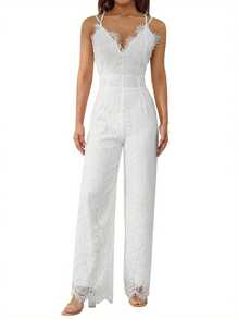 Women Elegant Jumpsuit, Spaghetti Straps V Neck Solid Color Lace Open Back One Piece Wide-Leg Jumpsuits Long Playsuit