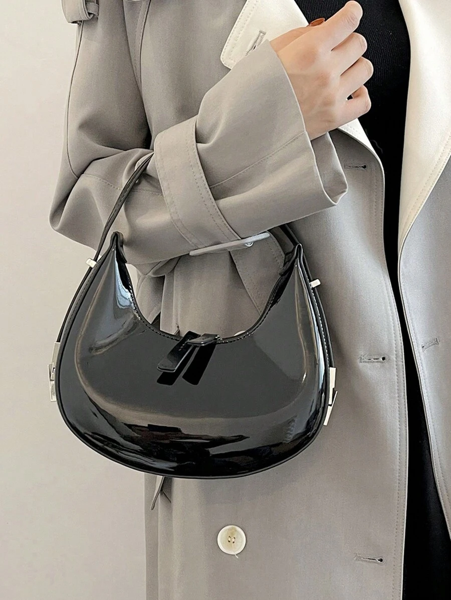 新款新月形设计腋下包，金属扣漆皮迷你圆形钱包，女士款，黑色 - 黑色 - 查看 1