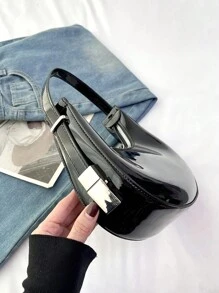 新款新月形设计腋下包，金属扣漆皮迷你圆形钱包，女士款，黑色 - 黑色 - 查看 3