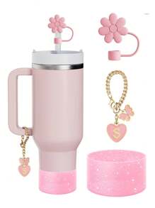 Set de 3 piezas: 1 pieza Tapa de pajita de silicona hexagonal, 1 pieza Marcador de taza con forma de letra/corazón/mariposa, y 1 pieza Funda de taza con purpurina, adecuado para tazas de 30-40 onzas, diámetro de pajita de 9-10 mm, tazas de vidrio con asa, decoración de mariposa rosa linda, regalo para el Día de la Madre