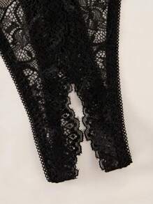 2 piezas Conjunto de lencería con encaje floral, sujetador de copa abierta y tanga de entrepierna abierta, conjunto de ropa interior y ropa de dormir sexy para mujer, look de "baddie" - Negro - Ver 5