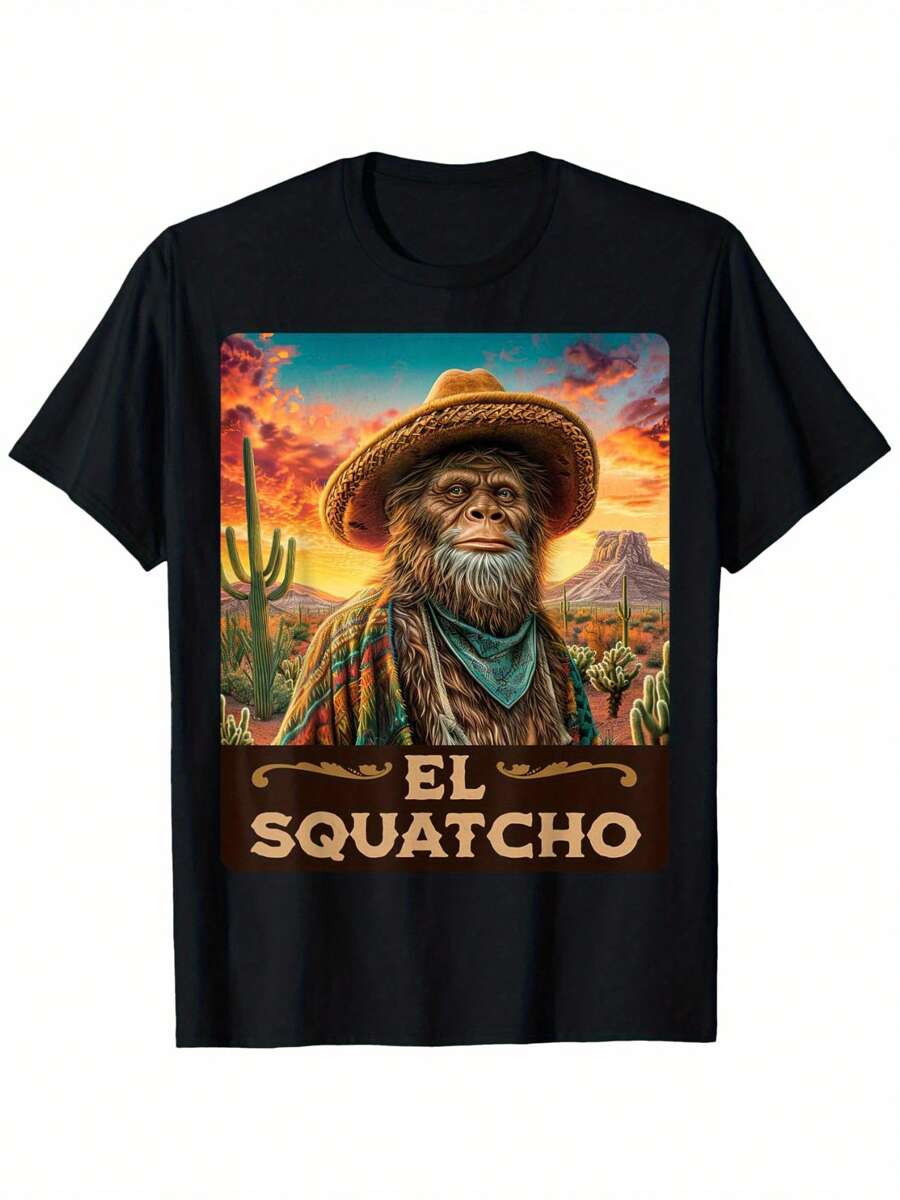 Guardian Of The Desert Bigfoot, Sasquatch, El Squatcho Men's Summer Casual T-Shirt, Comfortable - Breathable, Soft, Slightly Stretching, Street Hip Hop Style T-Shirt 100% Cotton All-Season Wear Individuality Unisex Top 220g - 黑色 - 查看 1