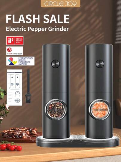 CLITON 1pc Electric Salt And Pepper Grinder Set With Storage Base, Battery Powered, Automatic Grinding With Led Light, Adjustable Coarseness, One-hand One-button Start, Abs Material, A Good Helper In Kitchen, Black Set With Brush
