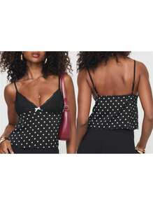 Women Camisoles Dot Print Lace Trim Casual Tank Tops Summer Sleeveless Tops Streetwear - 黑色 - 查看 2