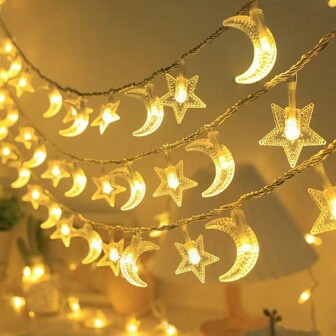 1 件 1.5M/3M 10LED 透明星星和月亮组合 LED 灯串，斋月装饰灯，斋月伊斯兰开斋节派对用品，电池供电（不含电池）
