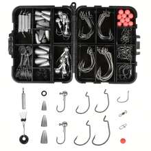 148/177pcs Fishing Tackle Box With Fish Hooks, Swivels, Weights, Stop Beads, Texas Rig Accessories For Freshwater - Black - View 5