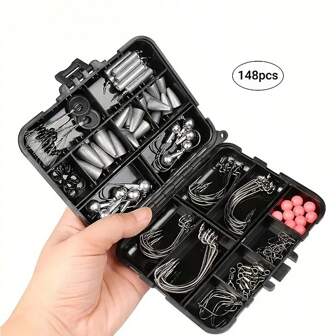 148/177pcs Fishing Tackle Box With Fish Hooks, Swivels, Weights, Stop Beads, Texas Rig Accessories For Freshwater