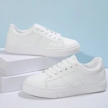 女士休闲低帮运动鞋，春秋季新款学生滑板鞋，运动系带跑步网球训练鞋，百搭白鞋 - 白色 - 查看 4