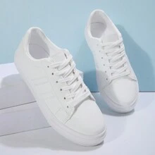 女士休闲低帮运动鞋，春秋季新款学生滑板鞋，运动系带跑步网球训练鞋，百搭白鞋 - 白色 - 查看 6