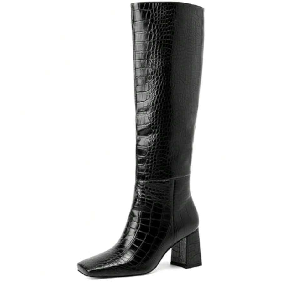 Pasuot Women's Knee High Boots Chunky Heel Square Toe High Heel Tall Long GoGo Boots Faux Crocodile Boots Block Heel Riding Boot For Women - 黑色 - 查看 1