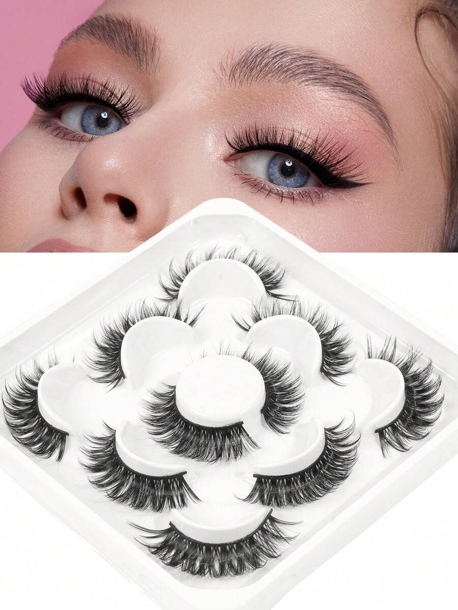 New 5 Pairs Set False Eyelashes, Natural And Stylish Faux Waterproof Eyelashes With 3d Volume And Cat Eye Effect, Lotus Tray Design,Natural And Beautiful, Suitable For Daily Use, Carnival Parties, Music Festivals, Weddings,Christmas Gift - Fluffy Lashes - View 1