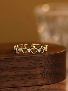 Stylever 1 件 S925 纯银时尚个性化镂空心形铜镶嵌开口戒指适合日常佩戴