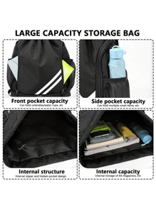 1pc Large Capacity Drawstring Sports Backpack, Fashion Gym Bag With Inner Pocket, Black Waterproof Wear-Resistant Nylon Oxford Cloth Material, With Bottom Shoe Compartment And Side Mesh Pockets And Wide Drawstring School Bag, Suitable For Men And Women Football Basketball Travel Yoga Swimming Cycling Shoulder Bag Travel Bag
