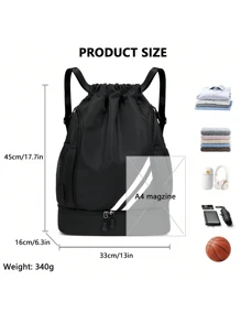 1pc Large Capacity Drawstring Sports Backpack, Fashion Gym Bag With Inner Pocket, Black Waterproof Wear-Resistant Nylon Oxford Cloth Material, With Bottom Shoe Compartment And Side Mesh Pockets And Wide Drawstring School Bag, Suitable For Men And Women Football Basketball Travel Yoga Swimming Cycling Shoulder Bag Travel Bag