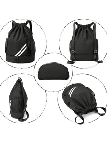1pc Large Capacity Drawstring Sports Backpack, Fashion Gym Bag With Inner Pocket, Black Waterproof Wear-Resistant Nylon Oxford Cloth Material, With Bottom Shoe Compartment And Side Mesh Pockets And Wide Drawstring School Bag, Suitable For Men And Women Football Basketball Travel Yoga Swimming Cycling Shoulder Bag Travel Bag